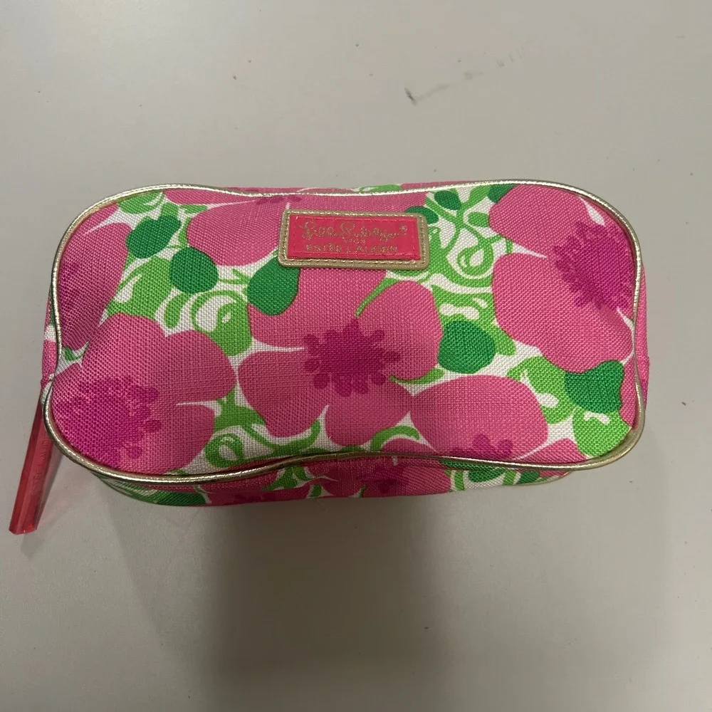 Lilly Pulitzer Estee Lauder Pink Green Floral Cosmetic Makeup Bag Travel Case